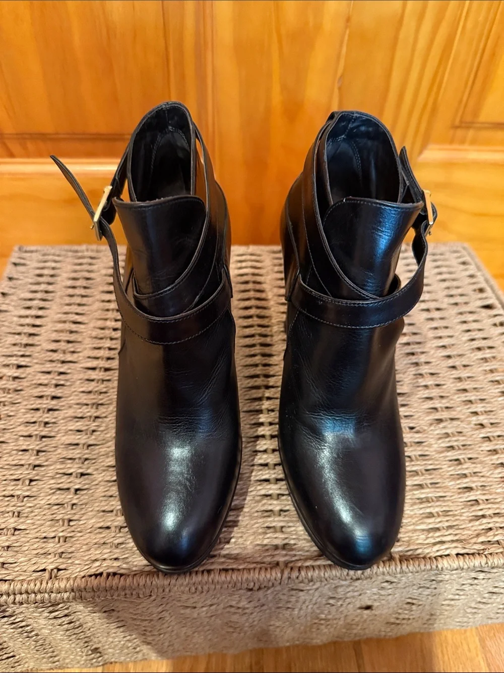 MaxMara Black Leather High-Heel Ankle Booties with Wrap Strap